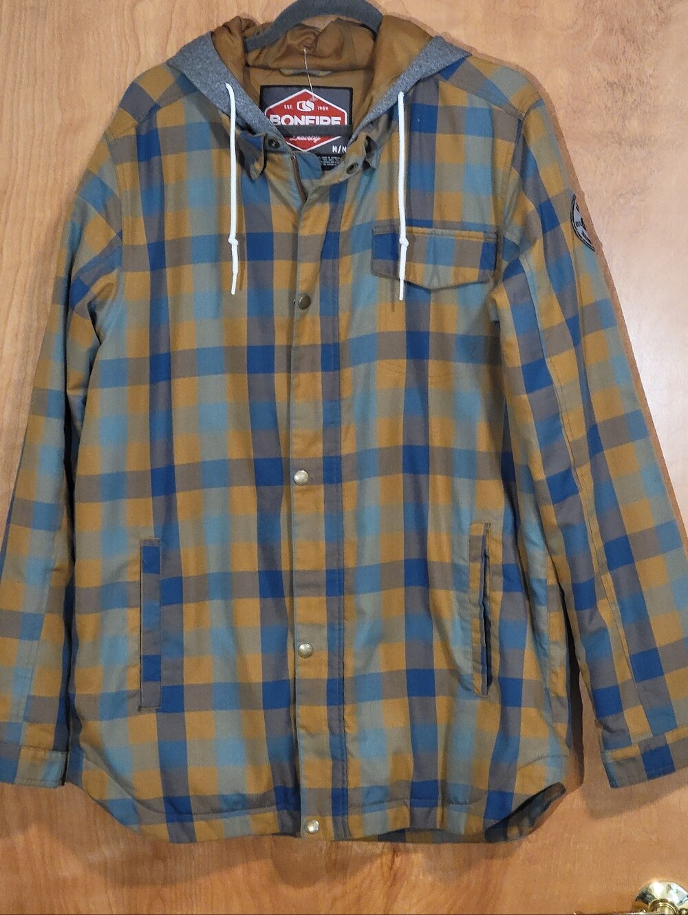 Bonfire Prescott Hoodie, Men's Medium, Tan Teal Blue Plaid